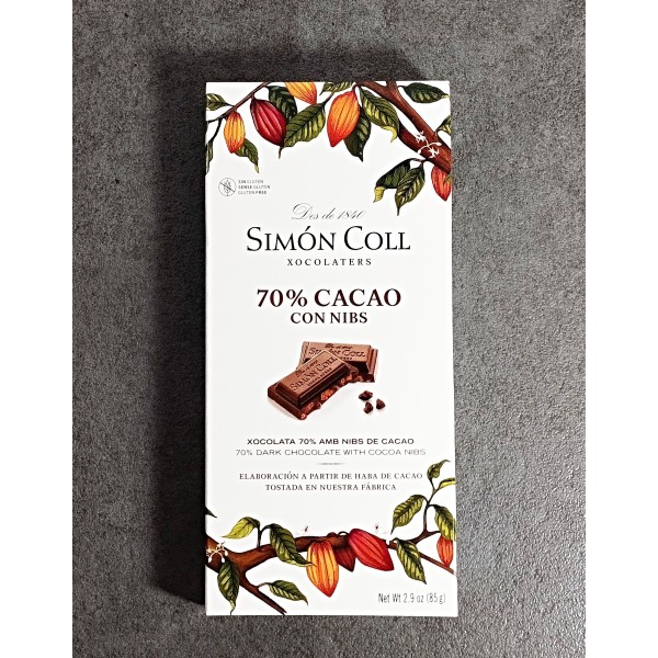 Tableta de Chocolate 70% cacao con nibs 85g Simón Coll